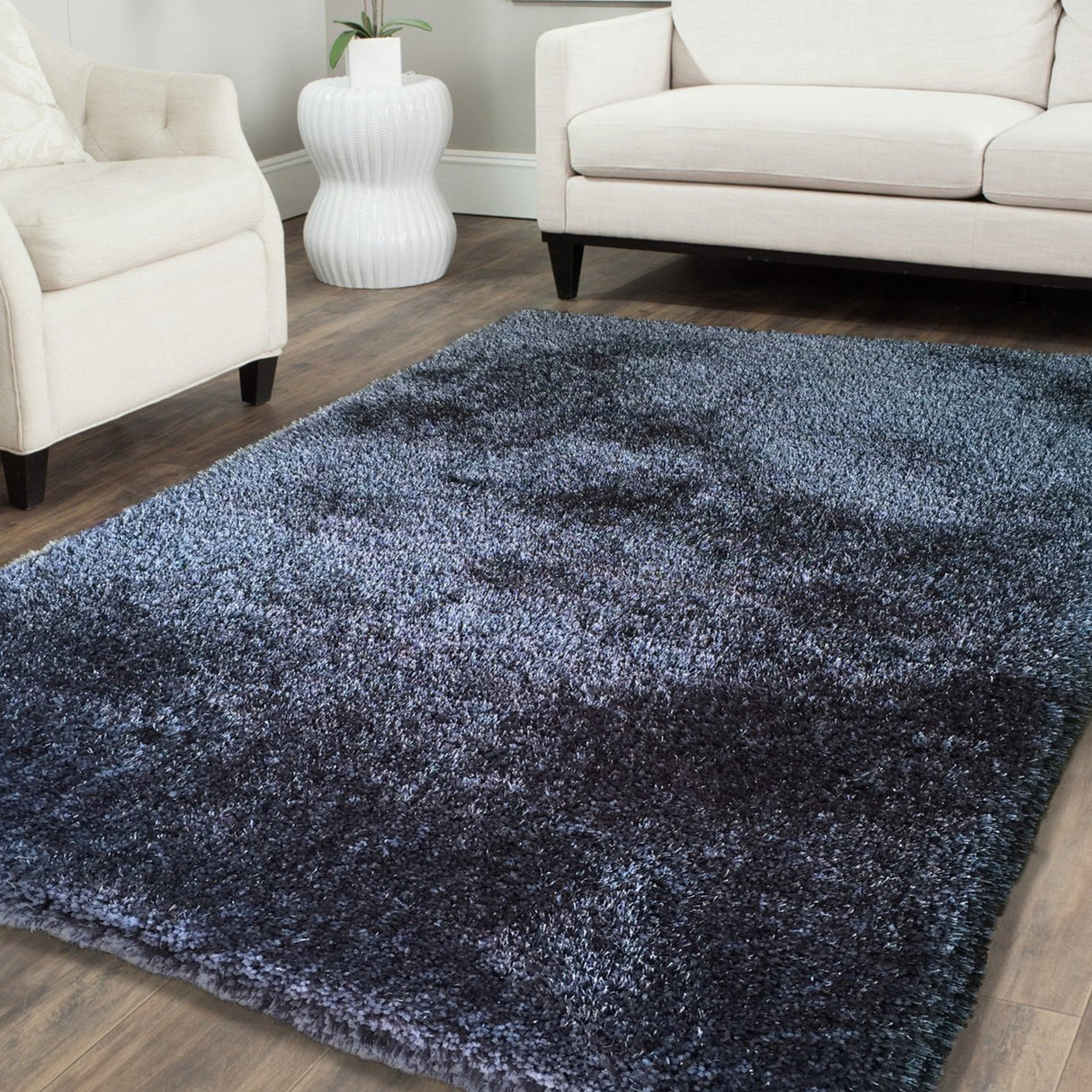 Gray Solid Shag Polyester Fabric - Plush Fluffy Shine, Thick And Thin Yarns Design, Gray, 7'6" X 10'3" (1 Rug)