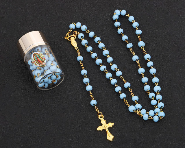 17.5" Gold and Blue Rosary in 2" Glass Bottle Guadalupe Sticker Jar - Pack of 12
