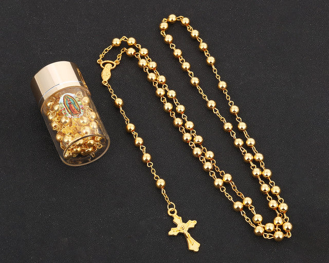 17.5" Gold Rosary in 2" Glass Bottle Guadalupe Sticker Jar - Pack of 13