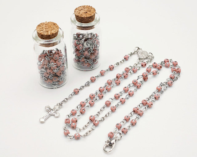 1.75" Plain Pink Cork Glass Bottle Rosary Favors - Pack of 12 Baptism Favors