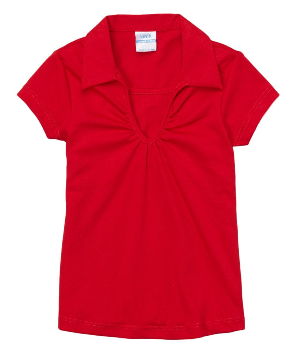 Girl's Uniform V-Neck Collar Shirt Polyester Cotton Fabric - White, Navy, Sky Blue, H. Green, Red, Burgundy, Purple, Yellow, Interlock Fabric, Sizes 5-18 (1 Piece)