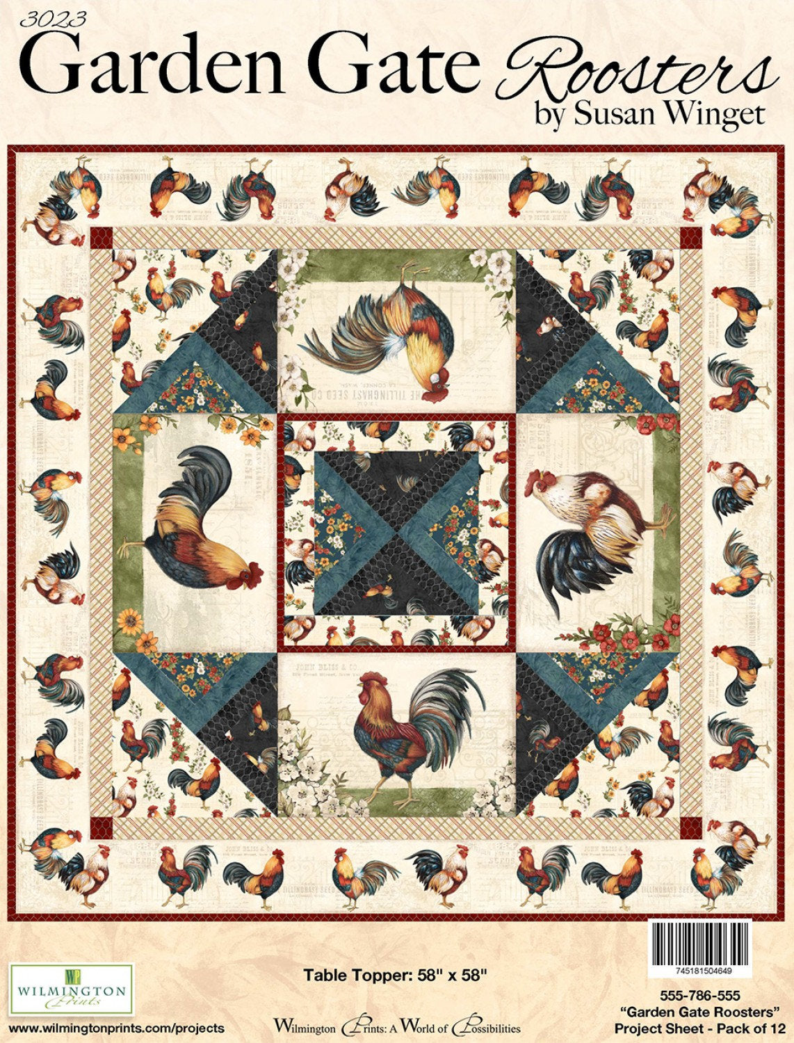 Quilting Cotton Garden Gate Roosters Susan Winget
