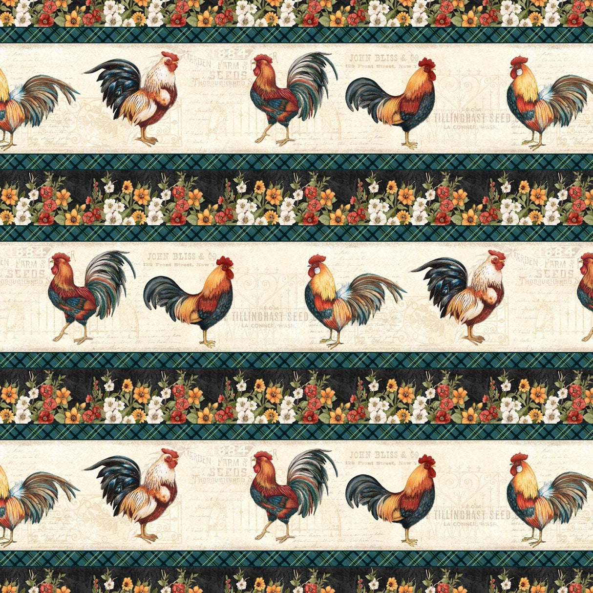 Quilting Cotton Garden Gate Roosters Repeating Stripe Wilmington Prints