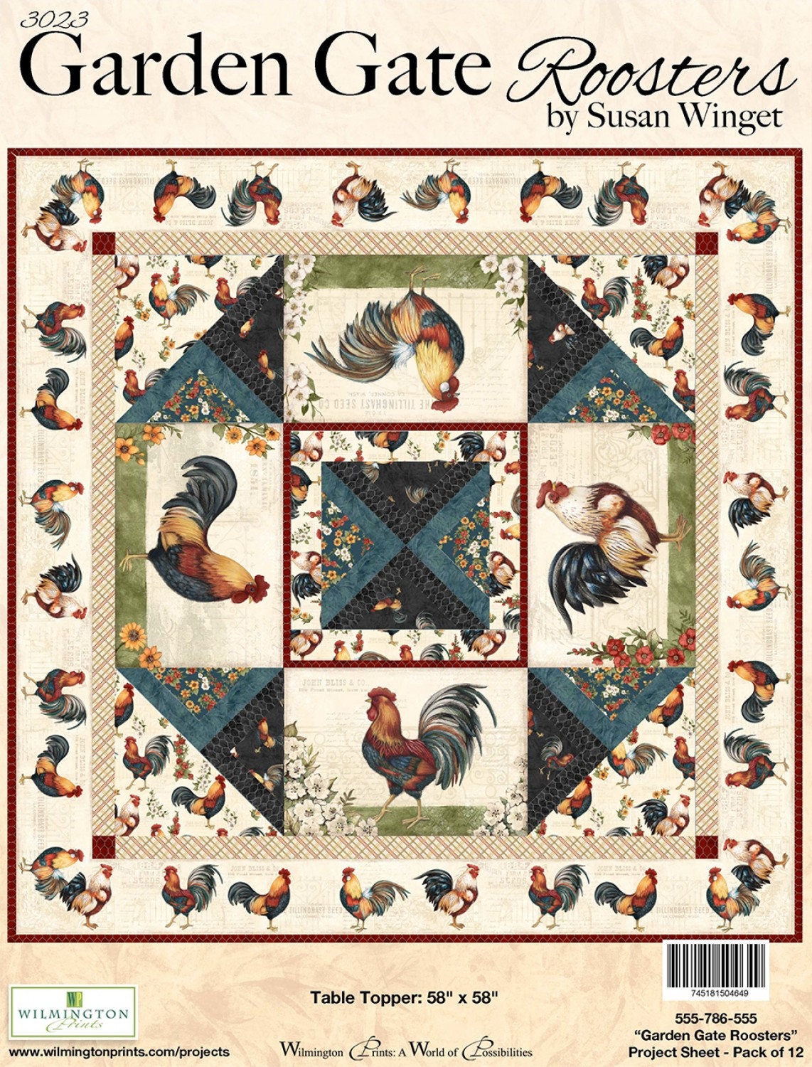 Quilting Cotton Garden Gate Roosters Repeating Stripe Wilmington Prints