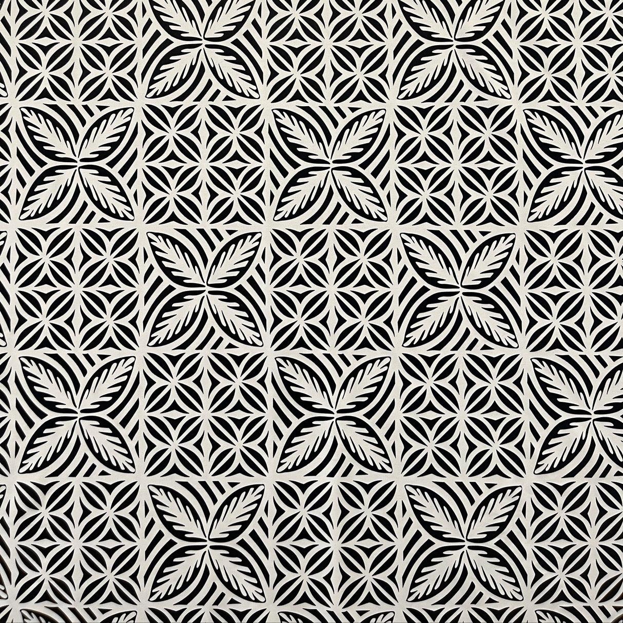 Geometric Floral Panel Polyester Foil Fabric - White On White, Black On Black, White On Beige, Black On White, 36" X 58" (1 Yard)