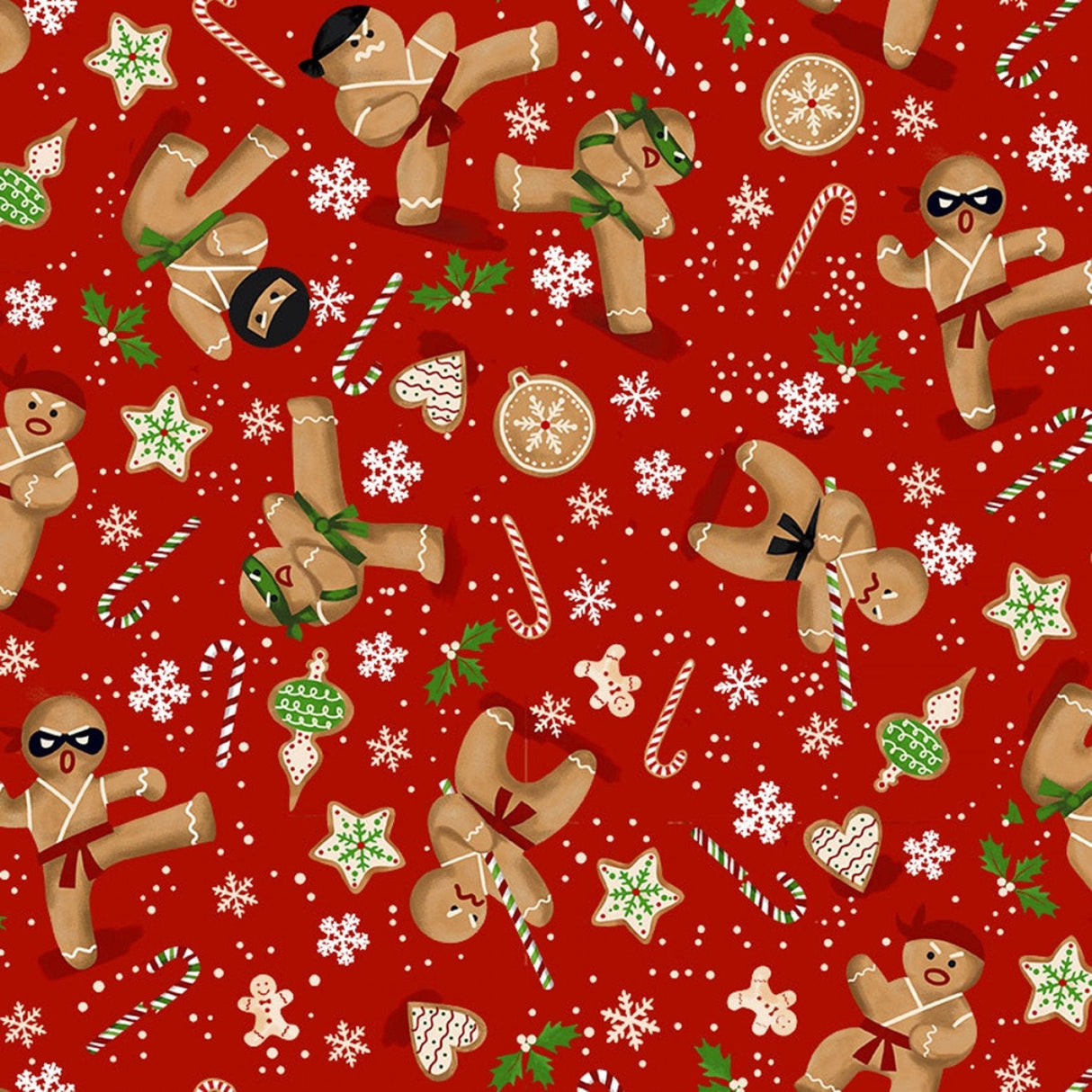 Quilting Cotton Gingerbread Ninja on Red Timeless Treasures