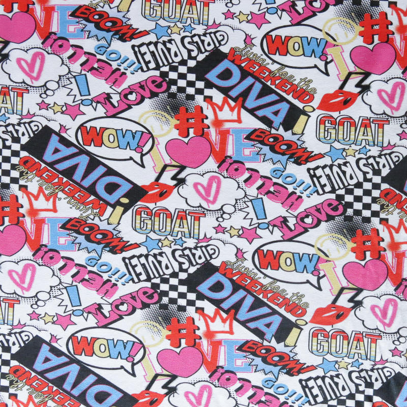 Cotton Lycra Jersey Knit Girls Rule Graffiti Print