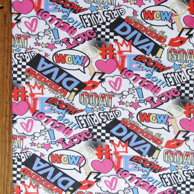 Cotton Lycra Jersey Knit Girls Rule Graffiti Print