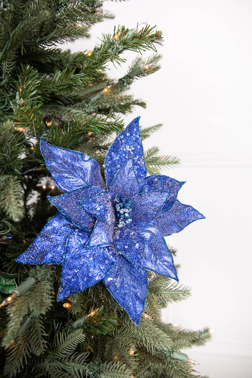 24” x 11" Glitter Iced Poinsettia Stem - Midnight Blue
