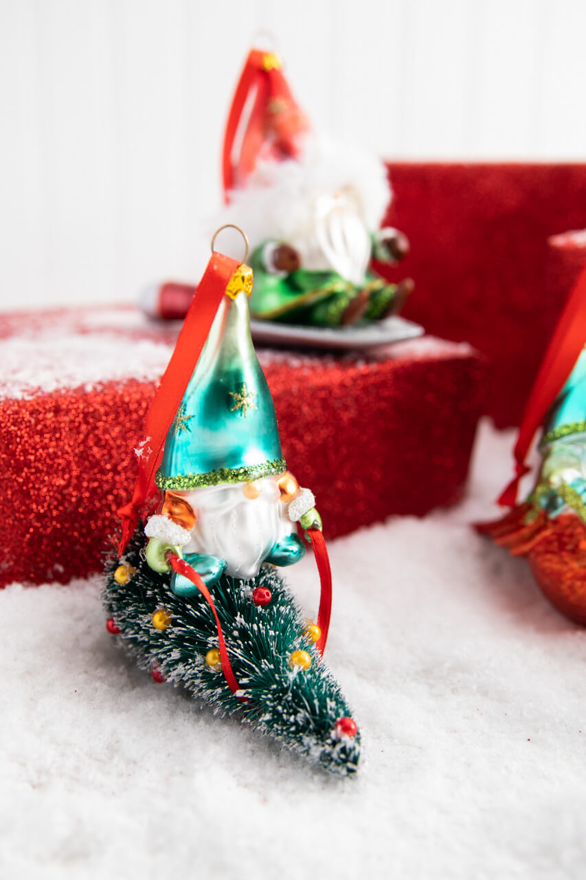 5” Gnome Riding A Cardinal/Tree/Shovel Glass Ornament