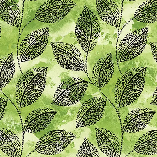 Cotton Fabric Go with the Flow Mosaic Leaves Lime 44/45"