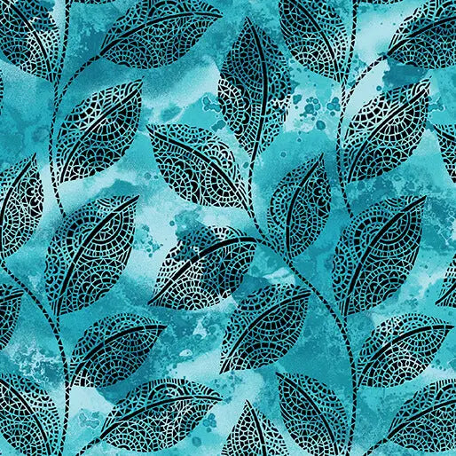 Cotton Fabric Go with the Flow Mosaic Leaves Turquoise 44/45"