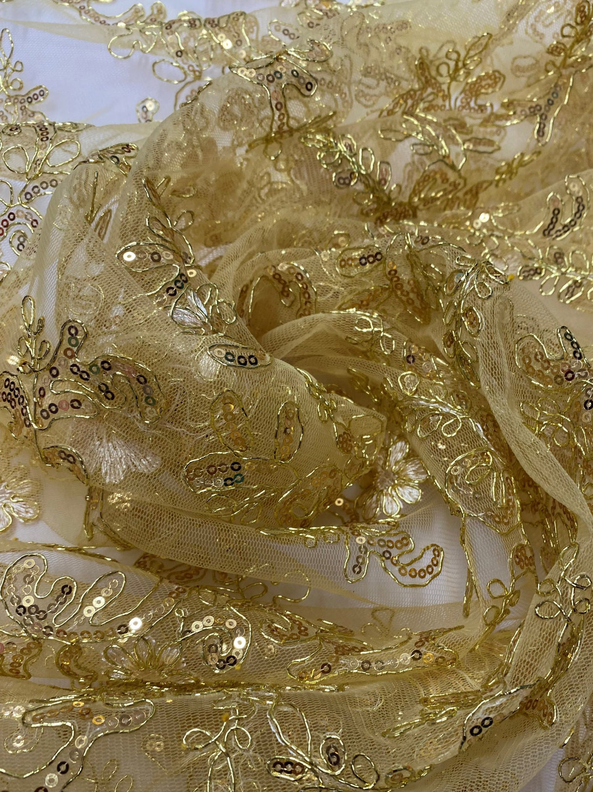 Elena'S Lace Gold Polyester Lace Fabric - Gold Corded Mesh Embroidered With Sequins, Double Scalloped Edge, 54" Width (1 Yard)