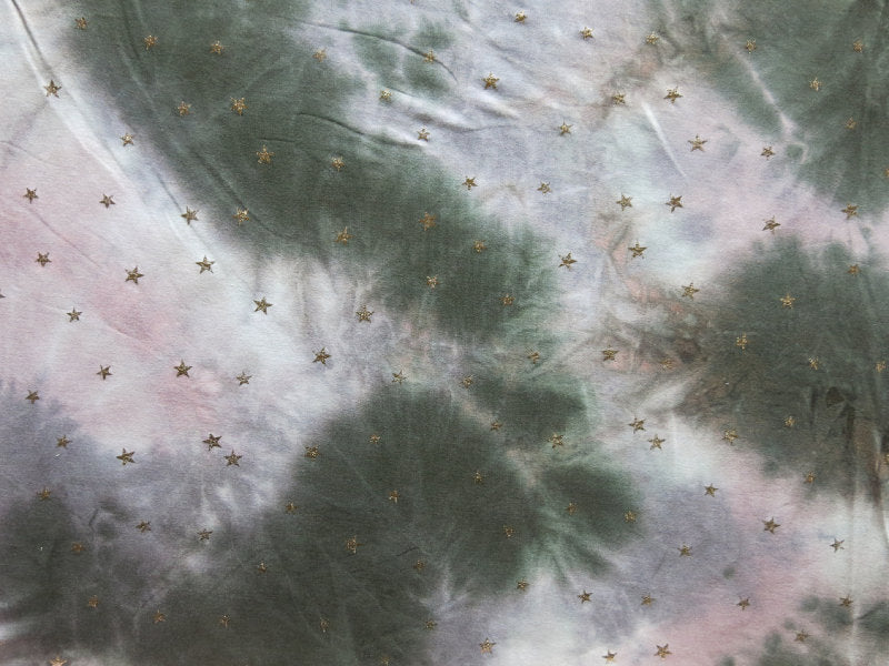 Rayon Spandex French Terry Gold Foil Stars Tie Dye