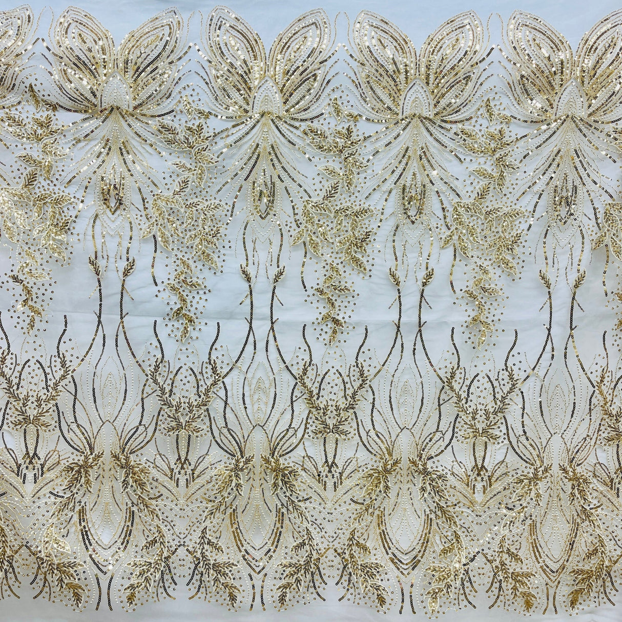 Beaded Sequined Lace Fabric Leaf Vine Design