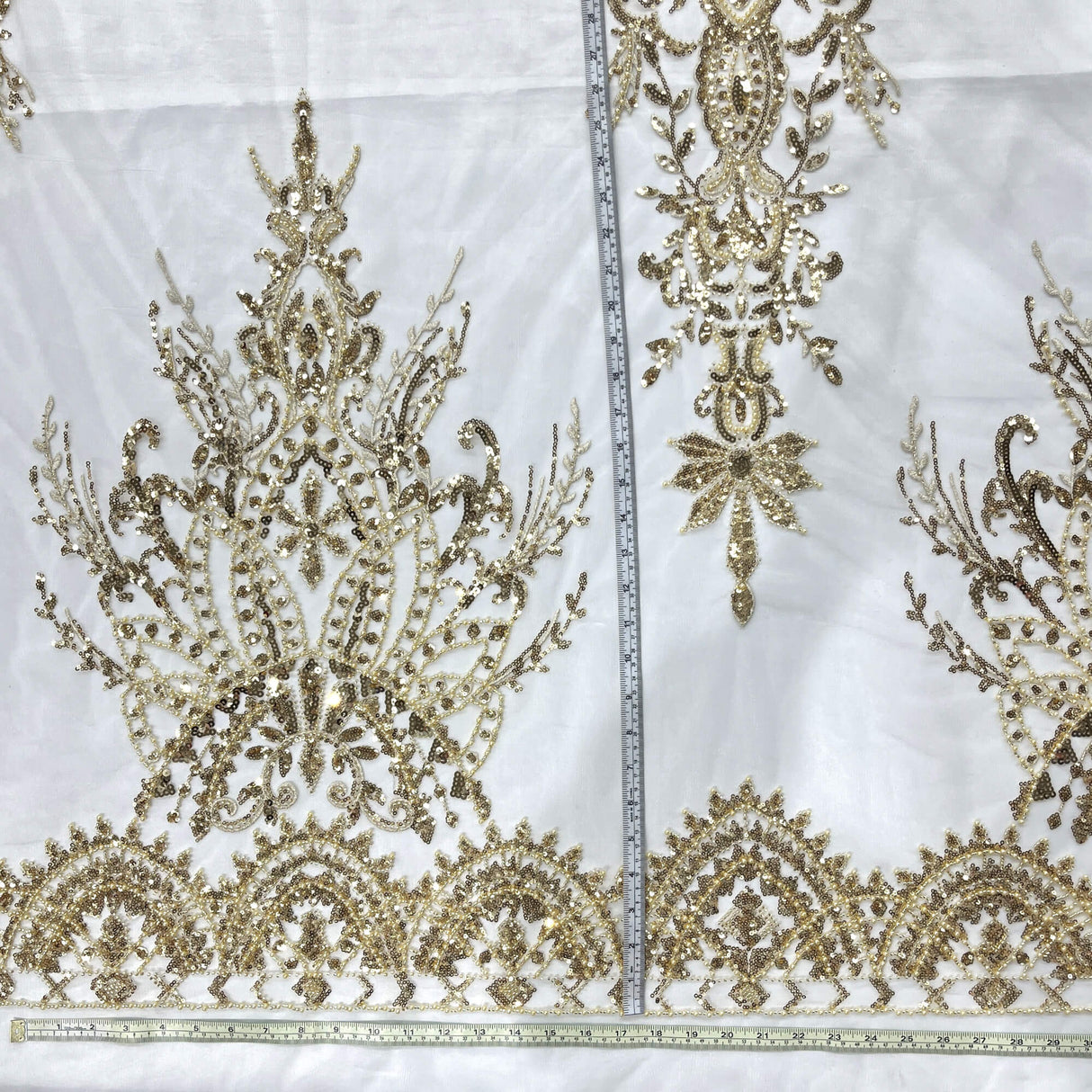 Beaded Lace Fabric Embroidered On 100 Percent Polyester Net Mesh - Gold, Silver, Ivory, White, 52" Width (1 Yard)