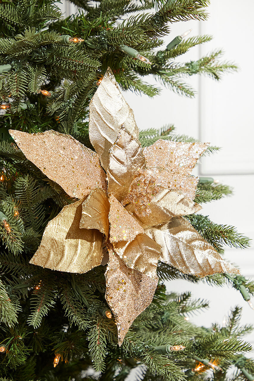 13" Gold Velvet Glitter Poinsettia Stem
