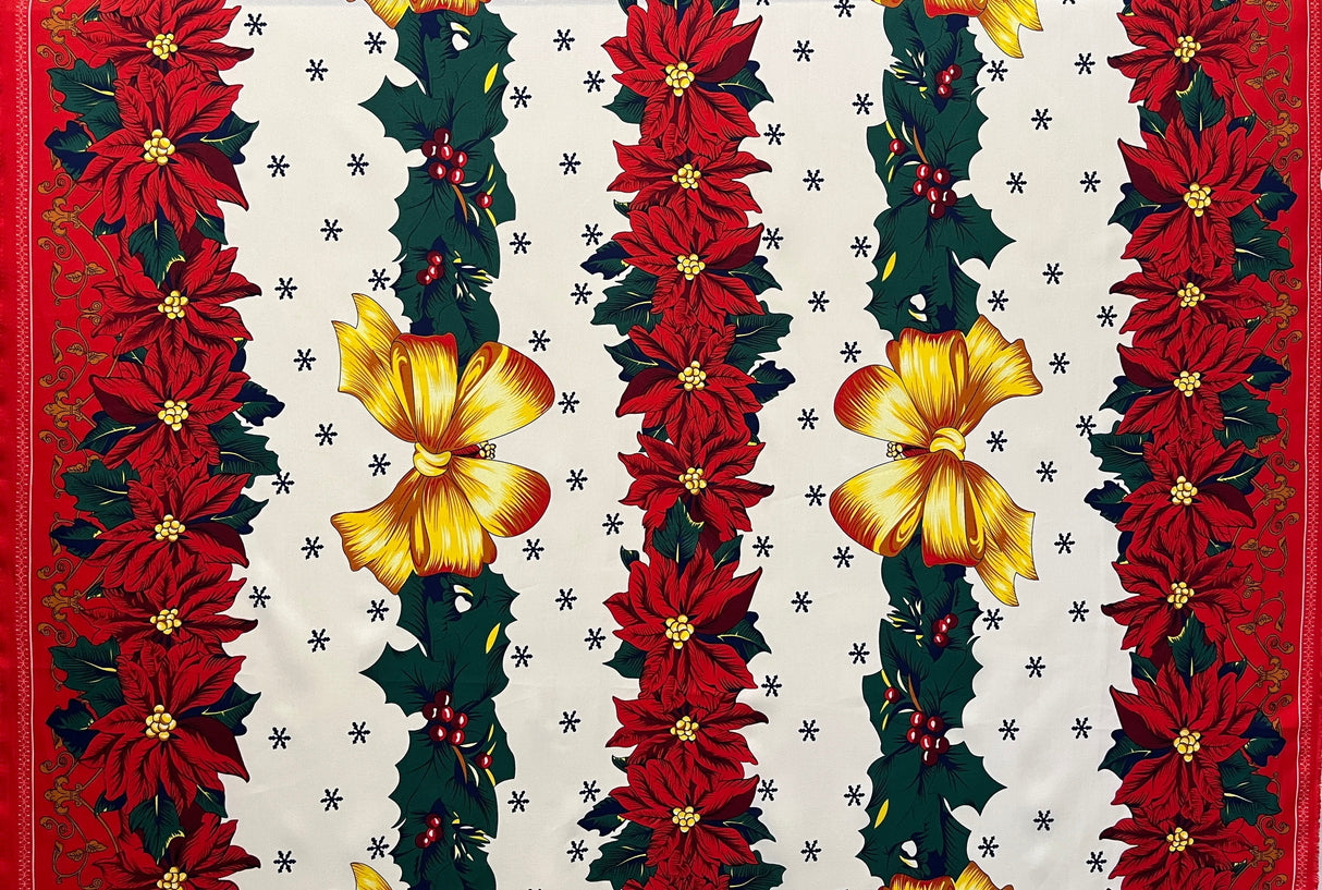 Golden Bow Poinsettia Holiday Polyester Fabric - Off-White Red Border Christmas Decor Print, 59" Width (1 Yard)