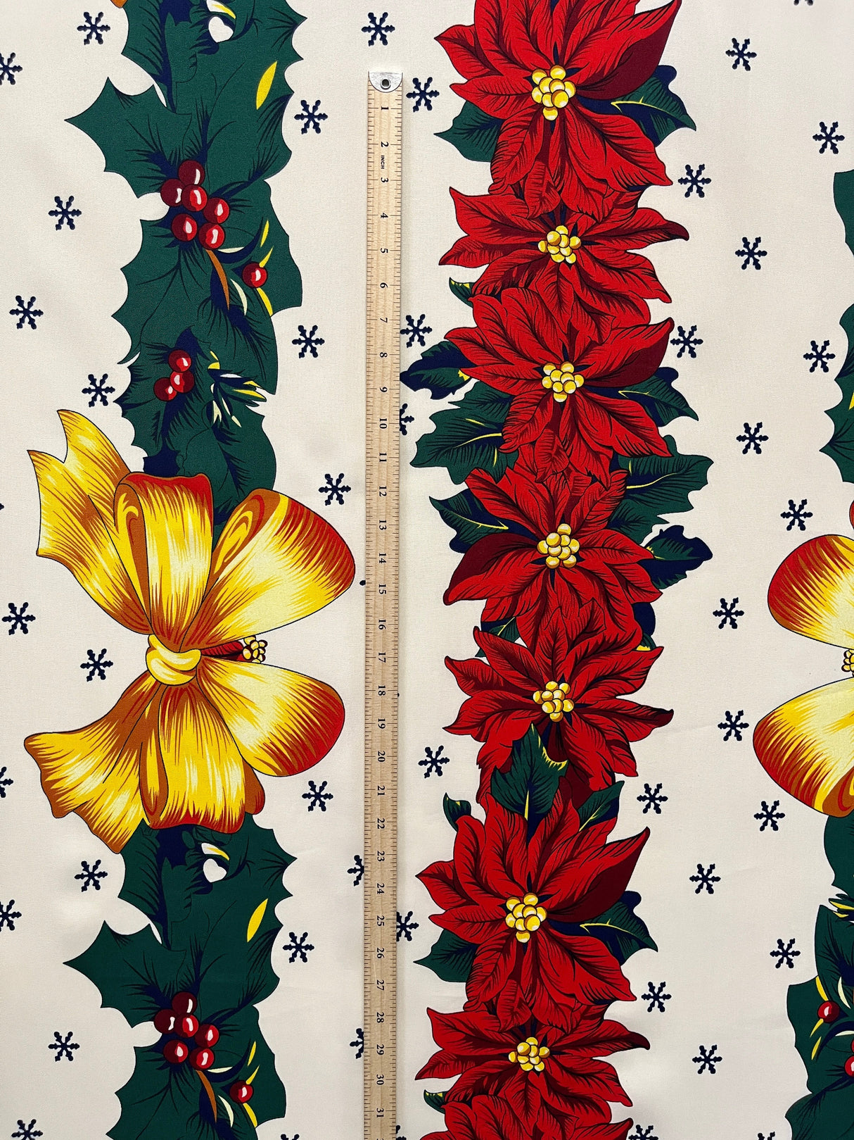 Golden Bow Poinsettia Holiday Polyester Fabric - Off-White Red Border Christmas Decor Print, 59" Width (1 Yard)