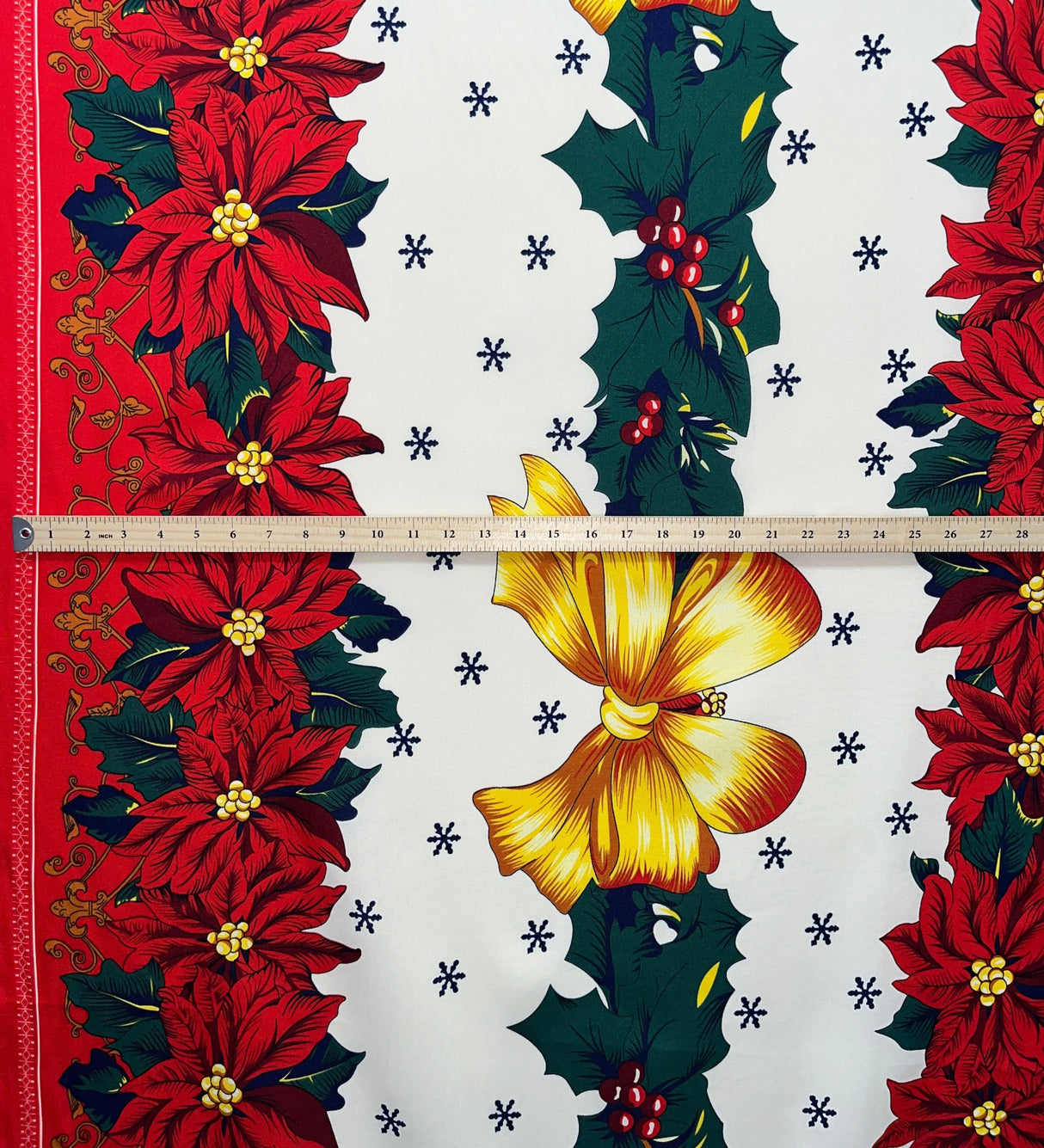 Golden Bow Poinsettia Holiday Polyester Fabric - Off-White Red Border Christmas Decor Print, 59" Width (1 Yard)