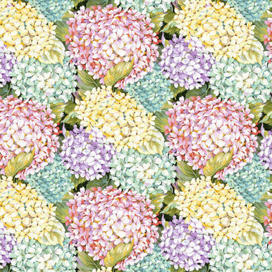 Cotton Fabric Green Multi Hydrangeas Blissful Blooms 43/44"