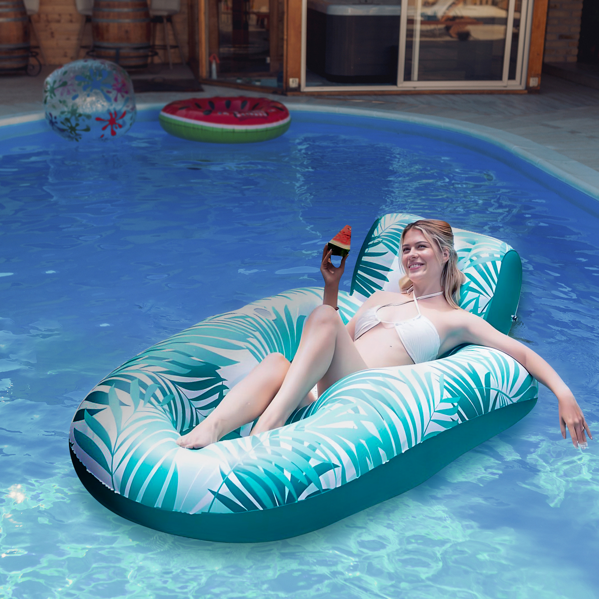 Inflatable Pool Lounger Float for Adults, Pool Chair Float with Cup Holder, Headrest, Footrest & Mesh Seat, Supports Up to 300 lbs, Float for Pool, Lake & River