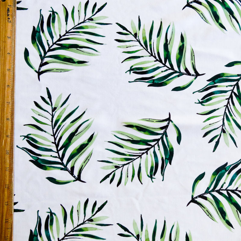 Swim Knit Nylon Spandex Green Ferns on White