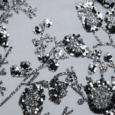 1 Yard Tulle Lace Fabric with Glitter and Floral Pattern, 58" Wide
