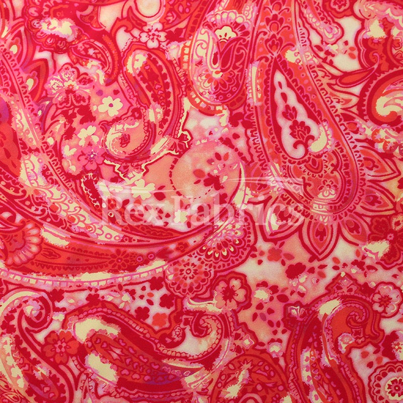 Gypsy Paisley Nylon Spandex Fabric - Cool Blue/Warm Red Paisley Print, 58/60" Width, 210 GSM (1 Yard)