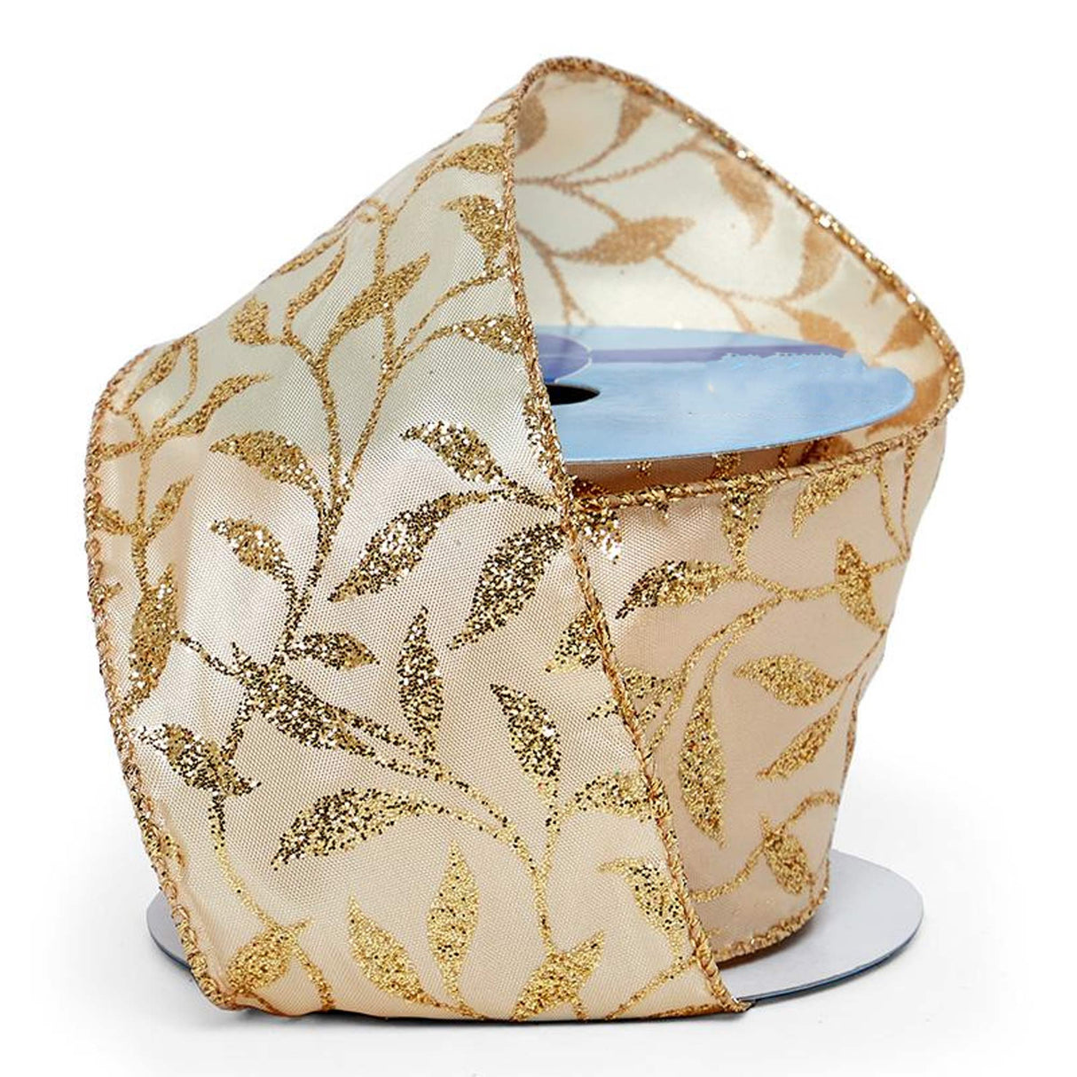 Sparkly Leaves On Wired Ribbon 2 1/2 '' X 10 yd Gold Color 1 / roll