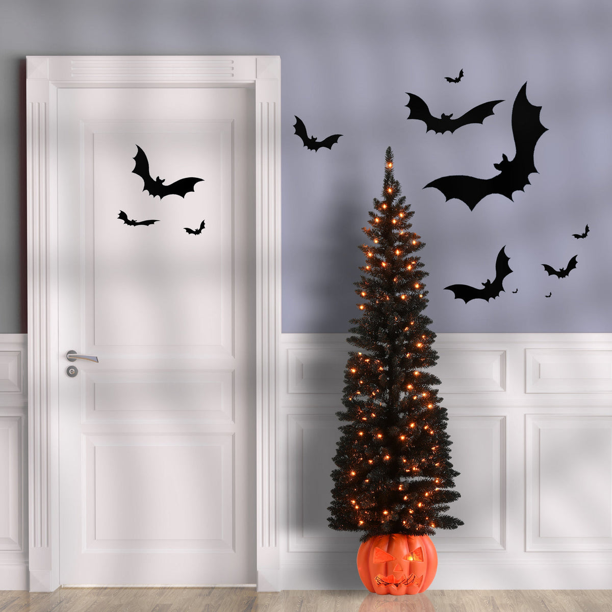 6 ft. Halloween Black Evergreen Tree with Orange LED Lights