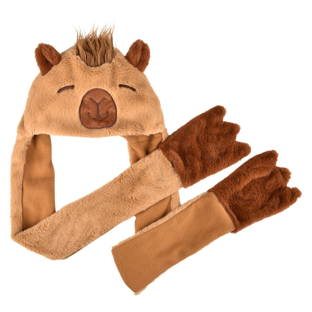 Plush Capybara Hoodie Scarf Hat 35"