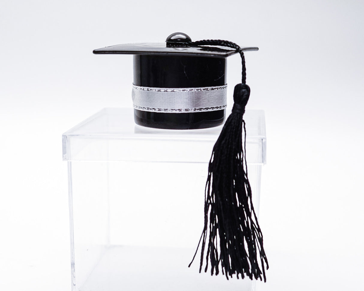 Black Fillable Graduation Party Hat Cake Topper Favor with Silver Ribbon - Pack of 12