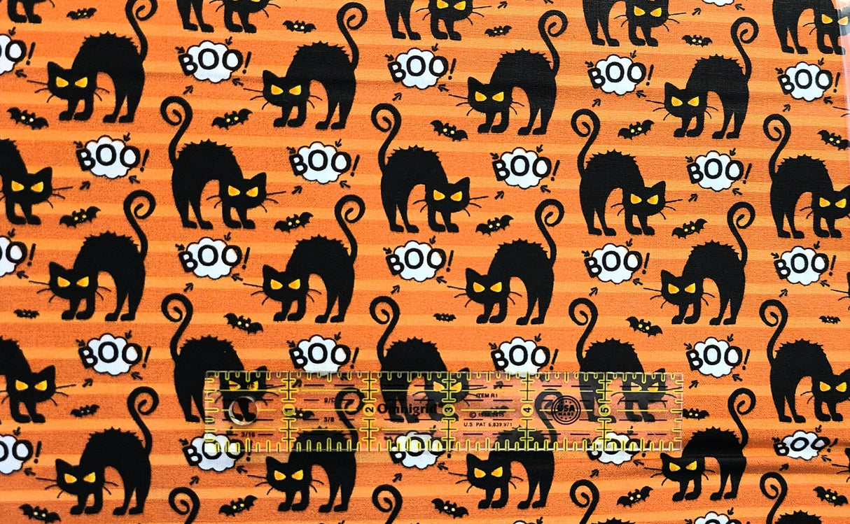 Quilting Cotton Angry Cat on Orange Halloween Fabric