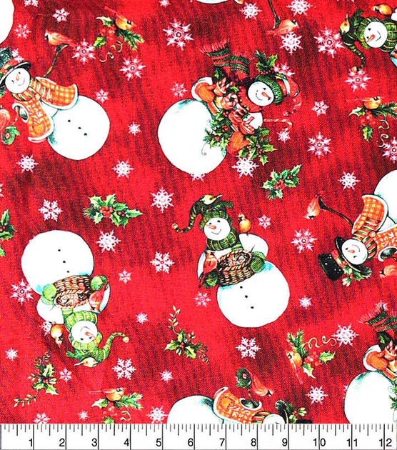 Quilting Cotton Happy Snowman Red Christmas Print