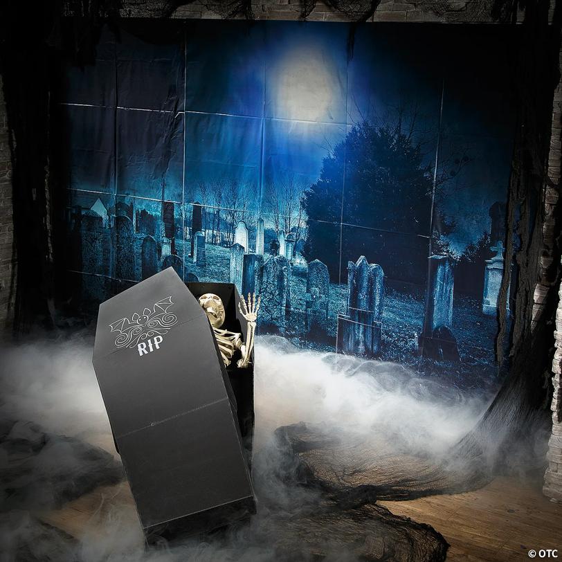 Haunted Cemetery Backdrop & Coffin Halloween Party Decorating Kit – 4 Pc.