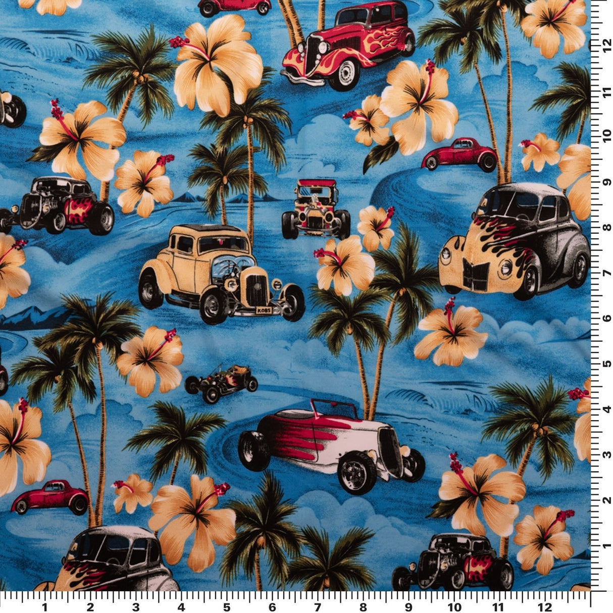 Printed Spandex Fabric Hawaiian Hot Rods
