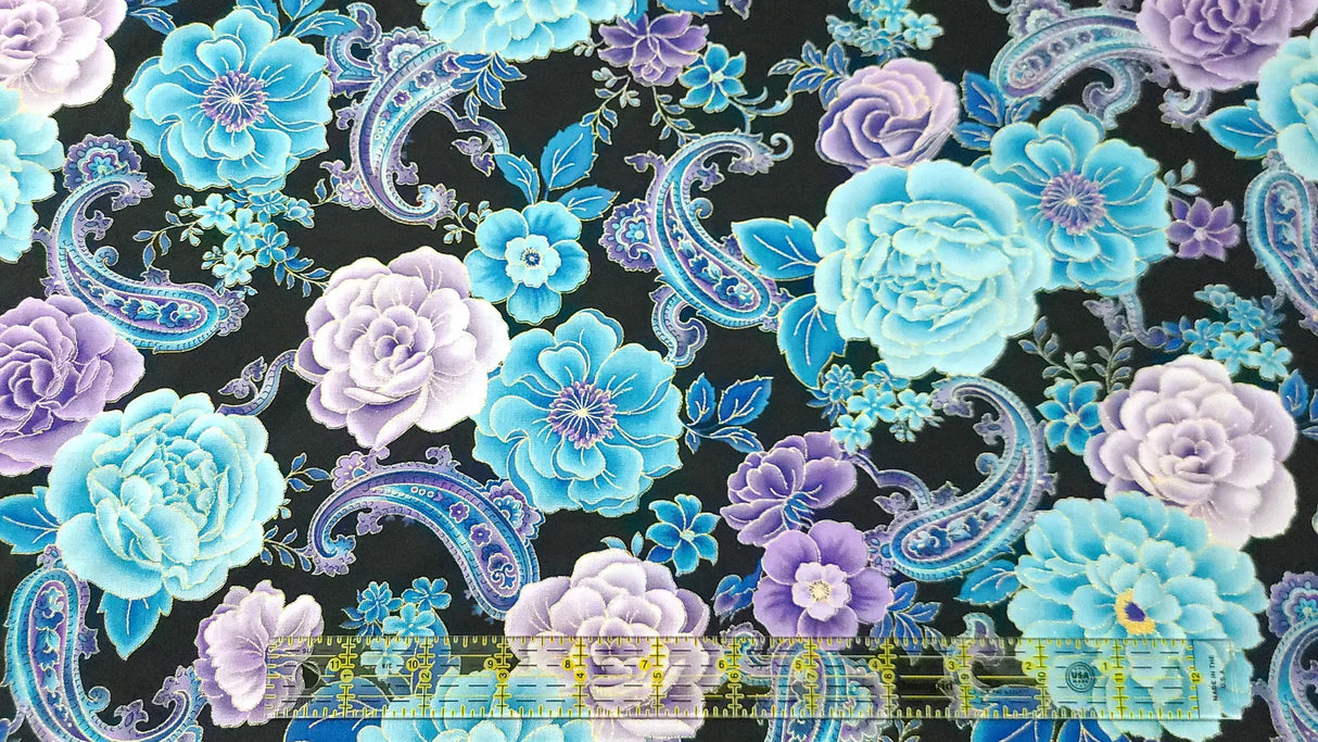 Quilting Cotton Blue Metallic Floral Paisley 100% Cotton by the Yard