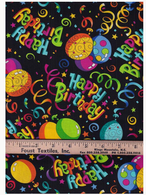 Quilting Cotton Black Birthday Print 100% Cotton