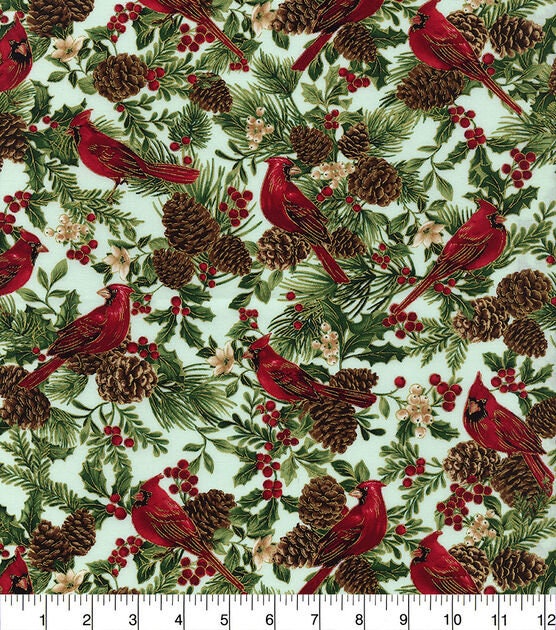 Quilting Cotton Metallic Cardinals on Gray Christmas Timeless Treasures
