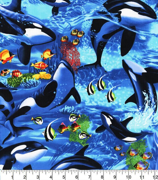 Quilting Cotton Playful Orcas Novelty Fabric 100% Cotton
