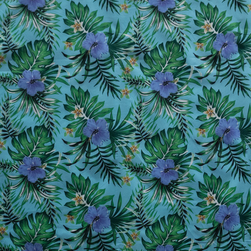 Hibiscus Monstera Palm Leaves Polyester Fabric - Tropical Hibiscus Monstera Palm Leaves, 60" Width (1 Yard)