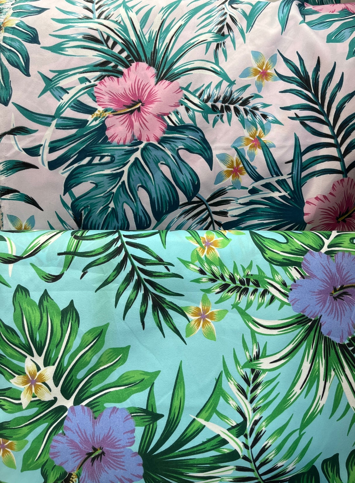 Hibiscus Monstera Palm Leaves Polyester Fabric - Tropical Leaf Print, 60" Width (1 Yard)