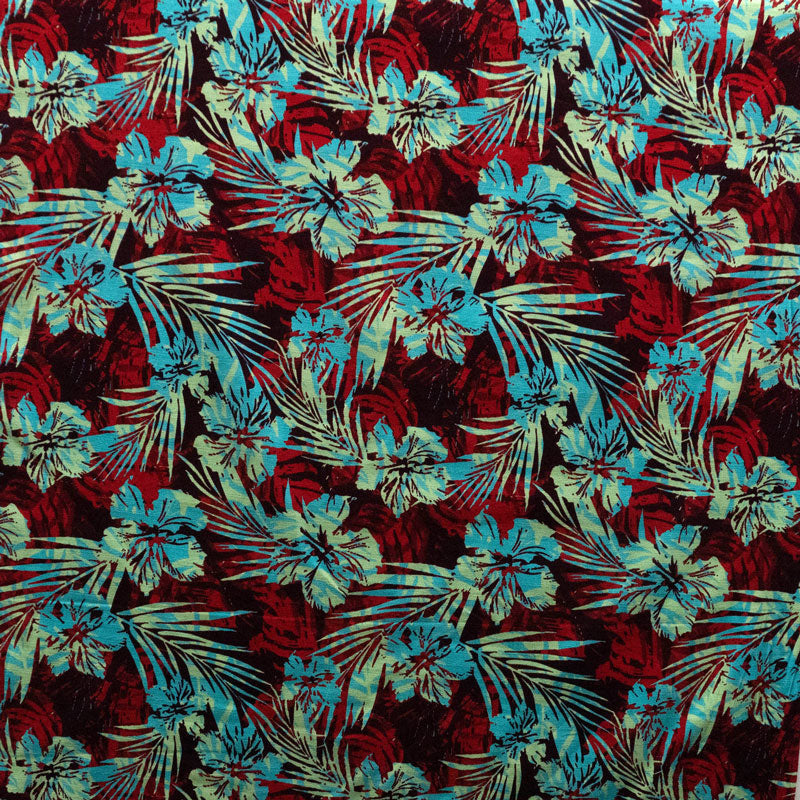 Hibiscus Palm Watercolor Design Cotton Light Barkcloth Fabric - Watercolor Palm And Hibiscus Print, 45" Width (1 Yard)