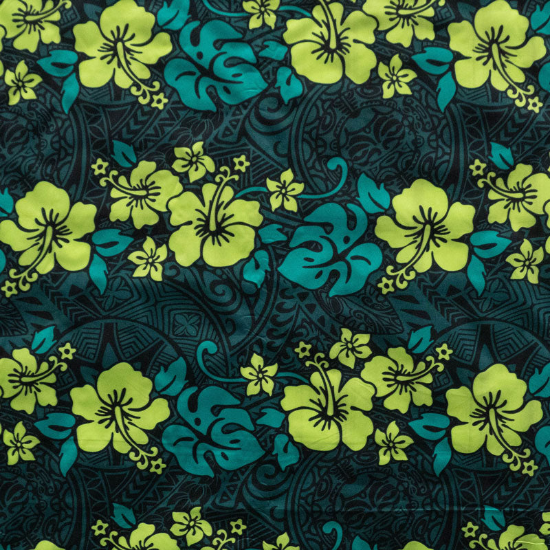 Hibiscus/Plumeria/Monstera Leaf Polyester Fabric - Polynesian Floral Leaf Print, 60" Width (1 Yard)
