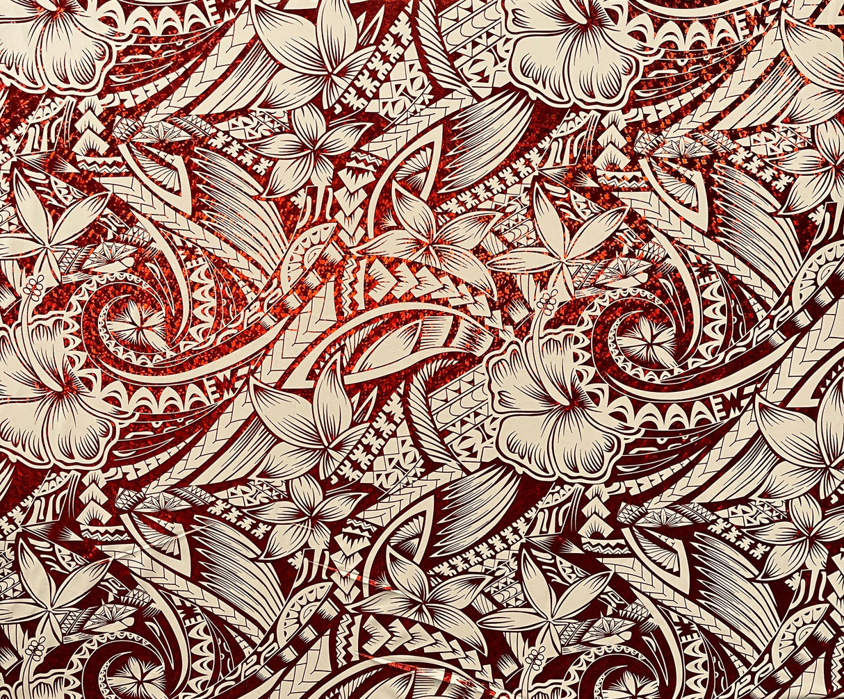 Hibiscus Plumeria Polynesian Tattoo Polyester Foil Fabric - Black And Rust, 36" X 60" (1 Yard)