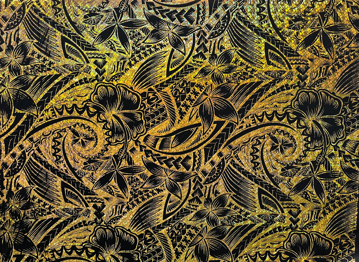 Hibiscus Plumeria Polynesian Tattoo Polyester Foil Fabric - Hibiscus Plumeria Polynesian Tattoo, Holographic Shine, 36" X 60" (1 Yard)