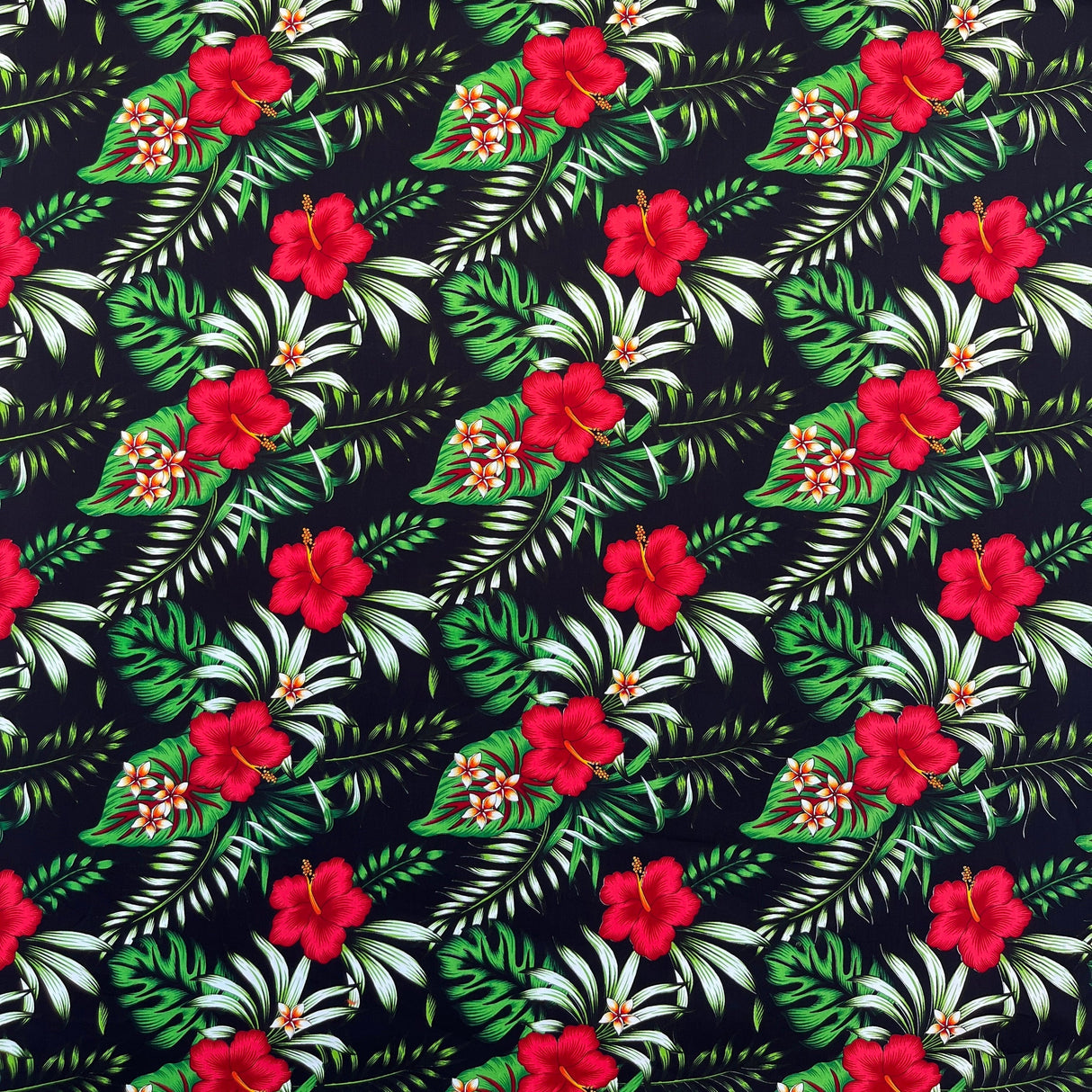 Hibiscus Plumeria Tropical Leaves All Over Design Cotton Fabric - Tropical Floral Print, 36" X 45" (1 Yard)