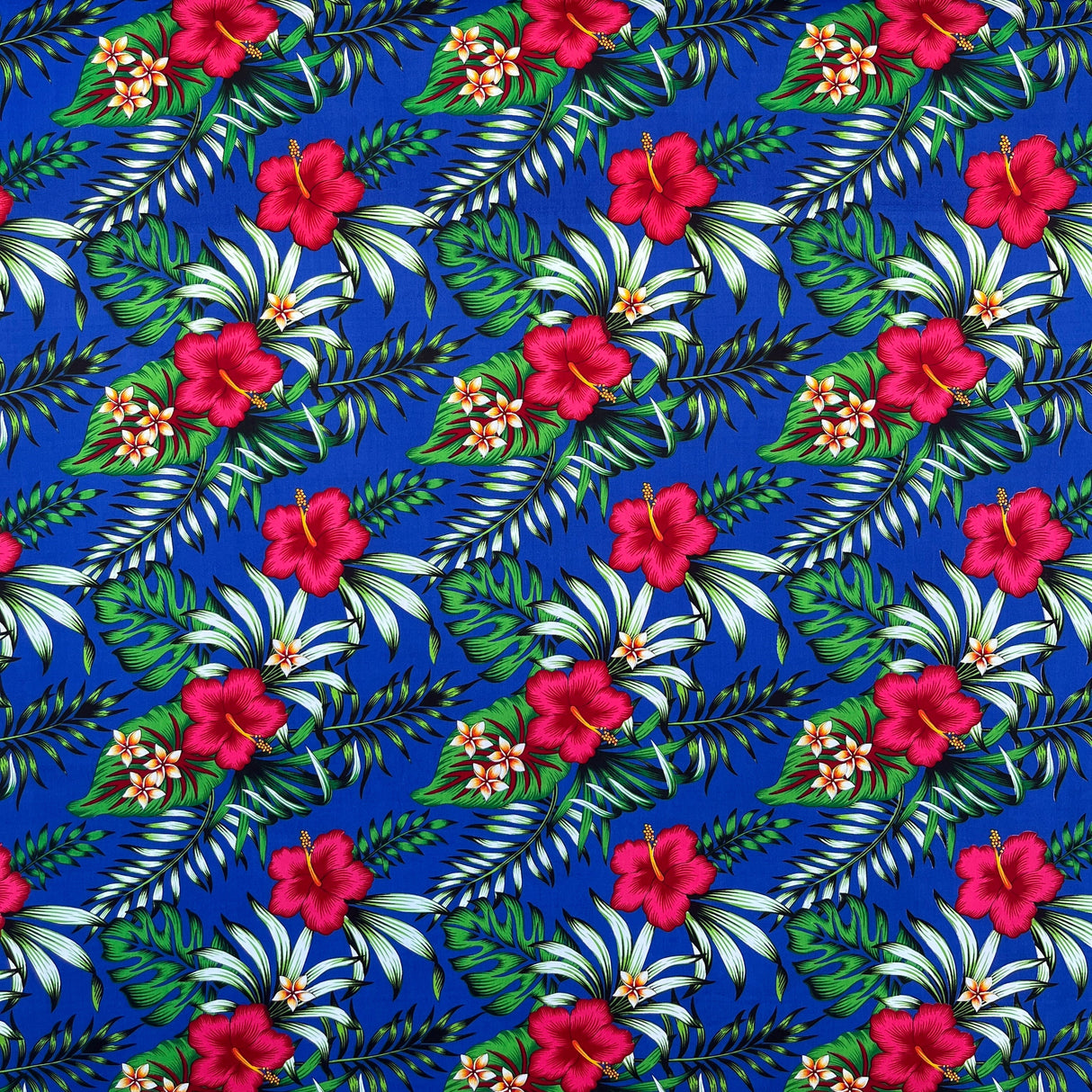 Hibiscus Plumeria Tropical Leaves All Over Design Cotton Fabric - Black/Red, Black/Fuchisa, Blue, Green, Turquoise, 36" X 45" (1 Yard)