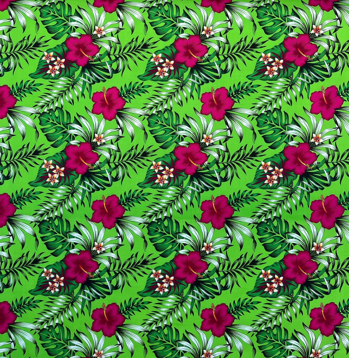 Hibiscus Plumeria Tropical Leaves All Over Design Cotton Fabric - Tropical Floral Print, 36" X 45" (1 Yard)